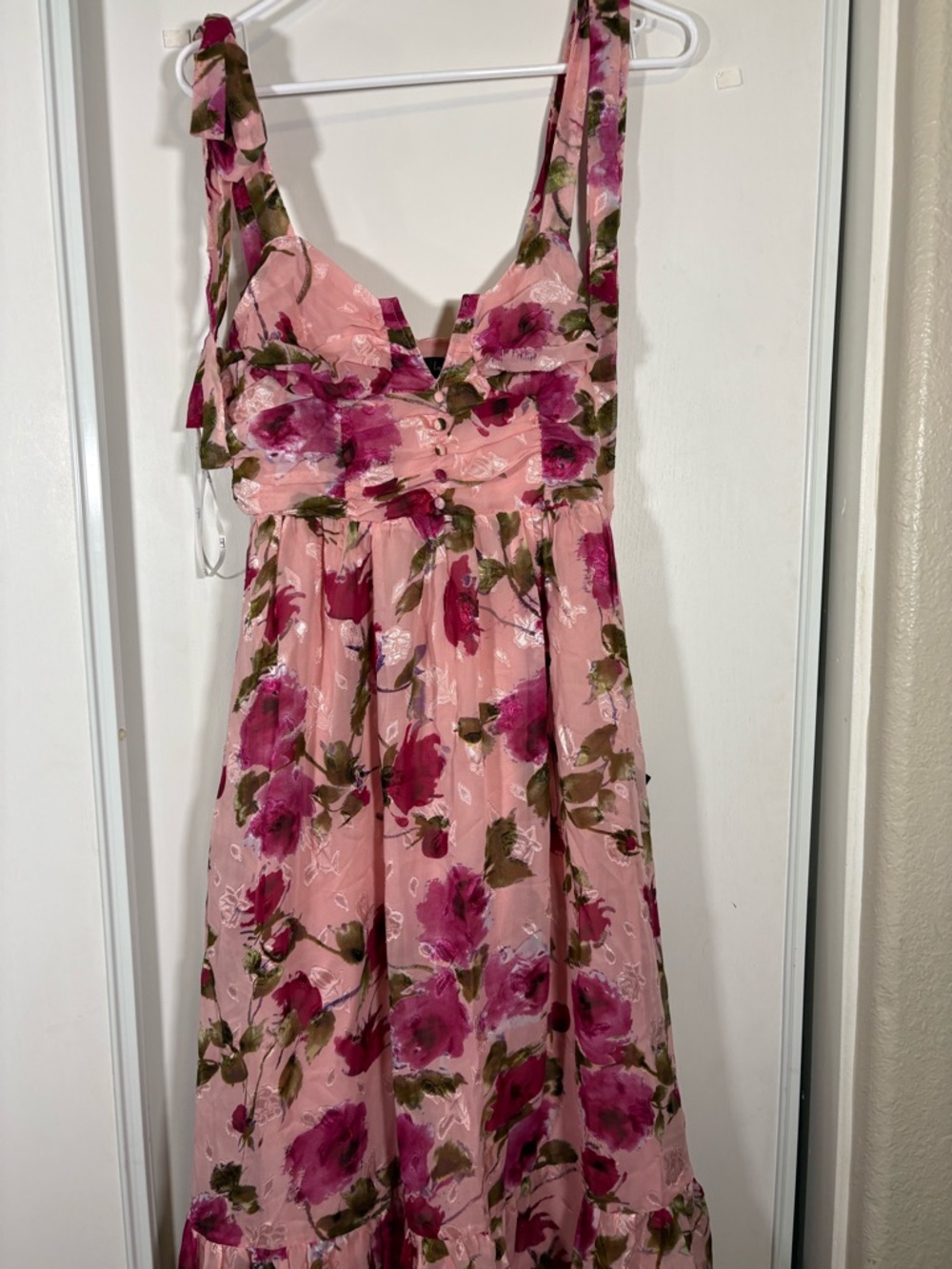 Lulus Lush Loveliness Pink Floral Jacquard Tie-Strap Midi‎ Dress Size S NWT - Picture 4 of 8